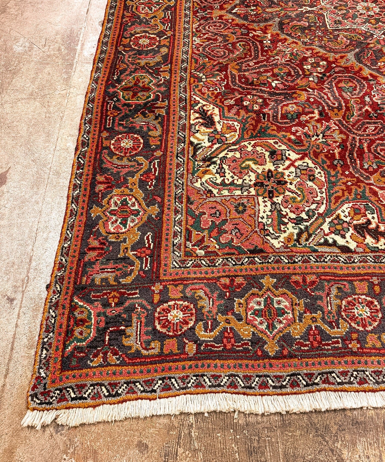 Heriz rug with red field and detailed border stripe, cream cartouches, fringe