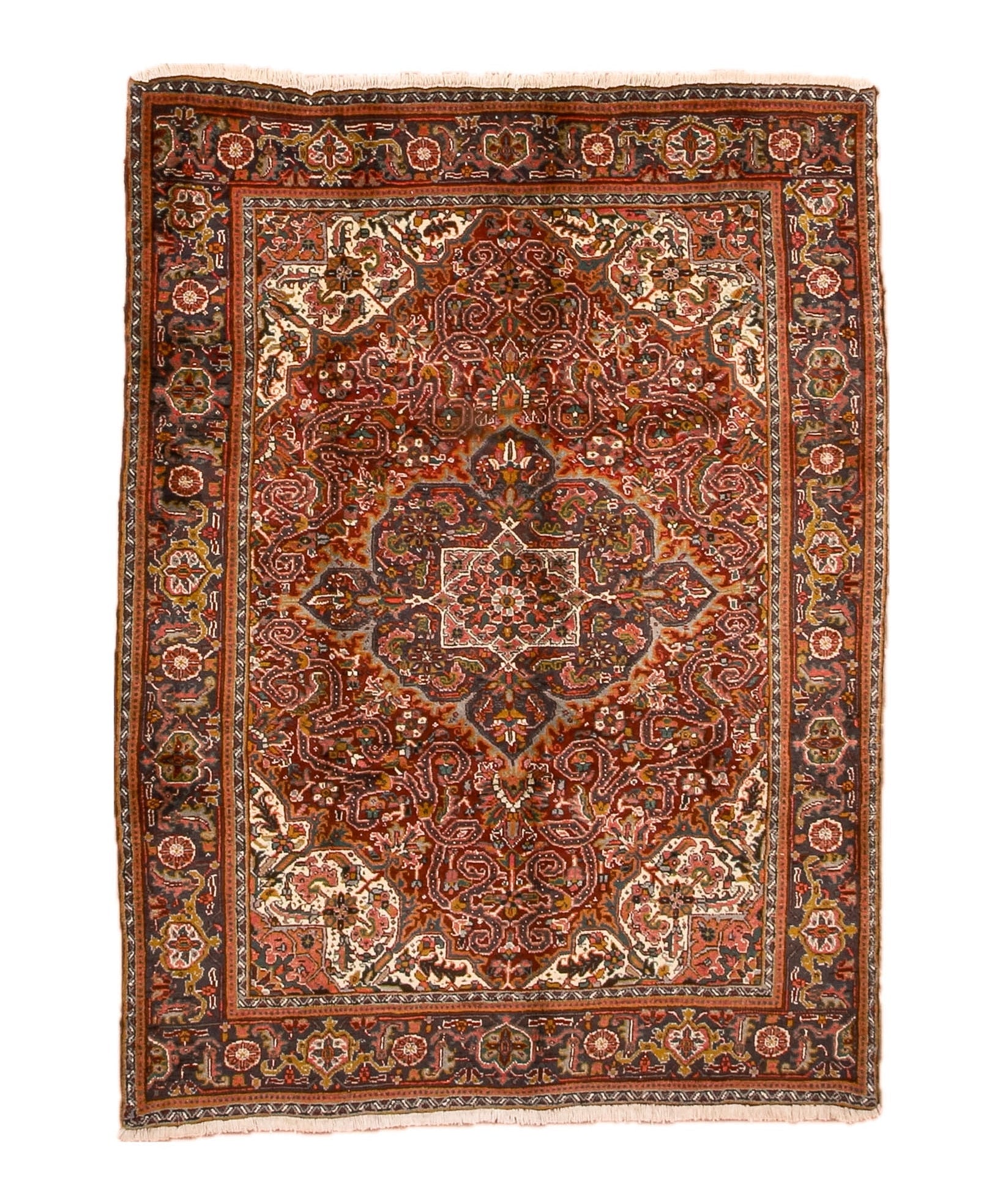 Persian Heriz rug with red field, ornate center medallion, cream border and fringe
