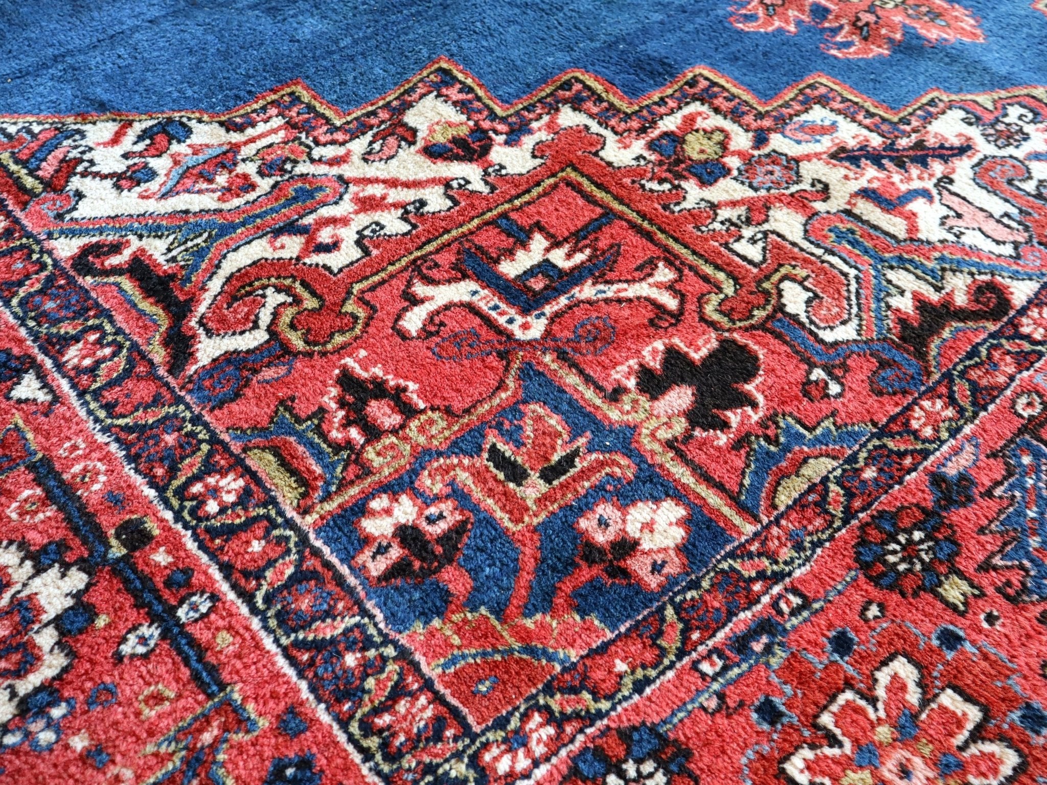 Heriz rug detailed blue, red, and cream vine motifs, angled close-up