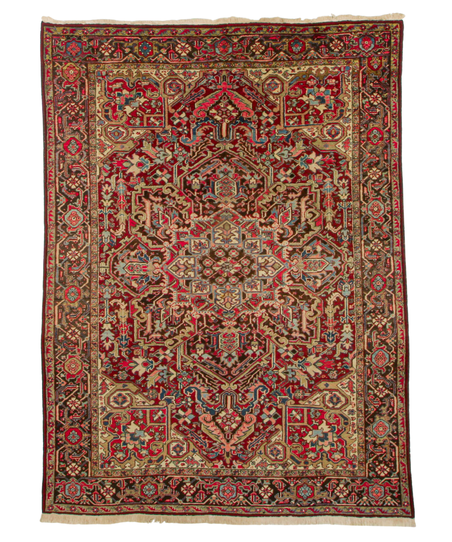 Heriz rug flat-lay view with red central field, multicolor pattern, and ornate border