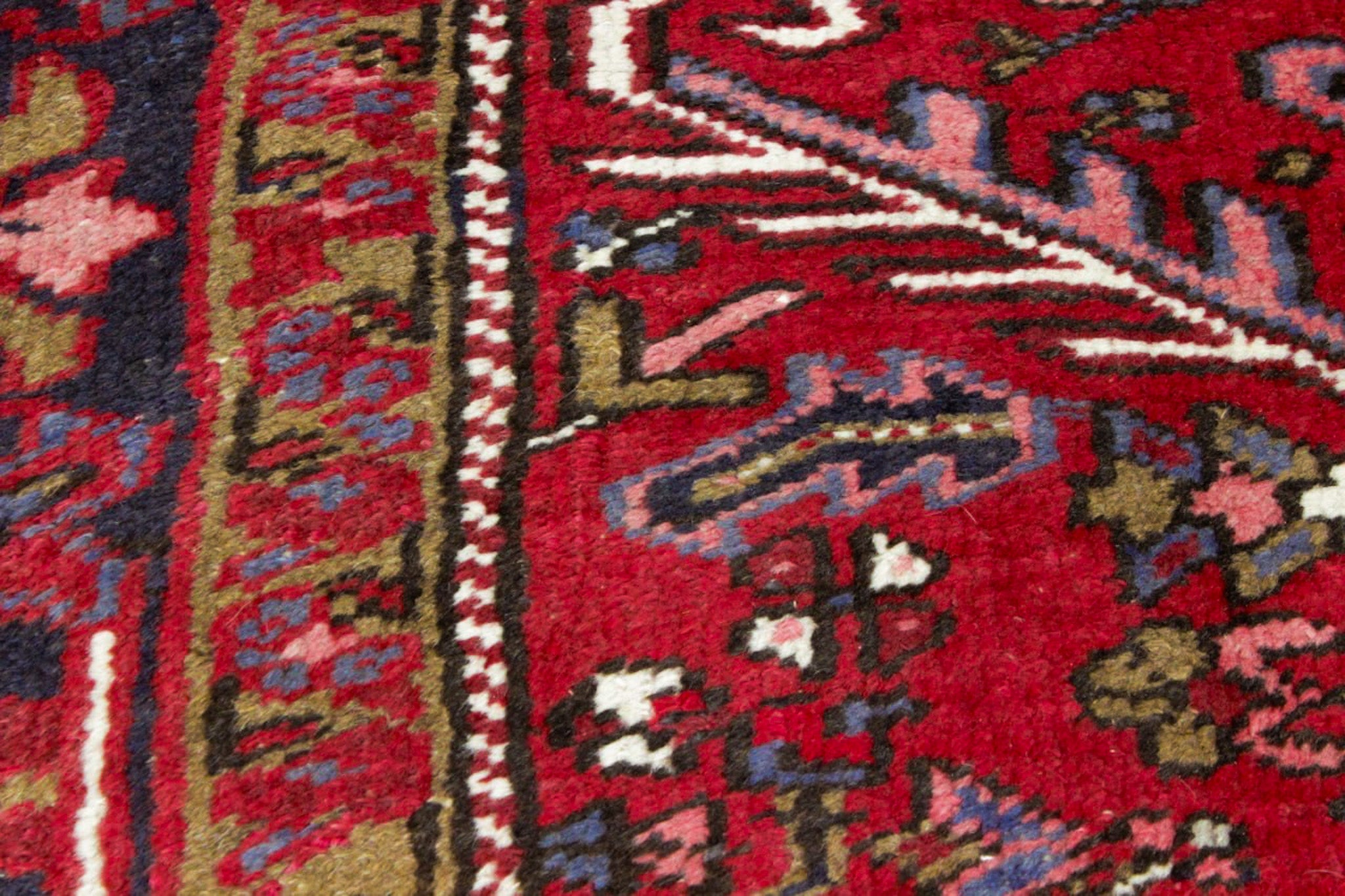 Red rug close-up showing border stripe and intricate cream, gold, blue, and dark designs