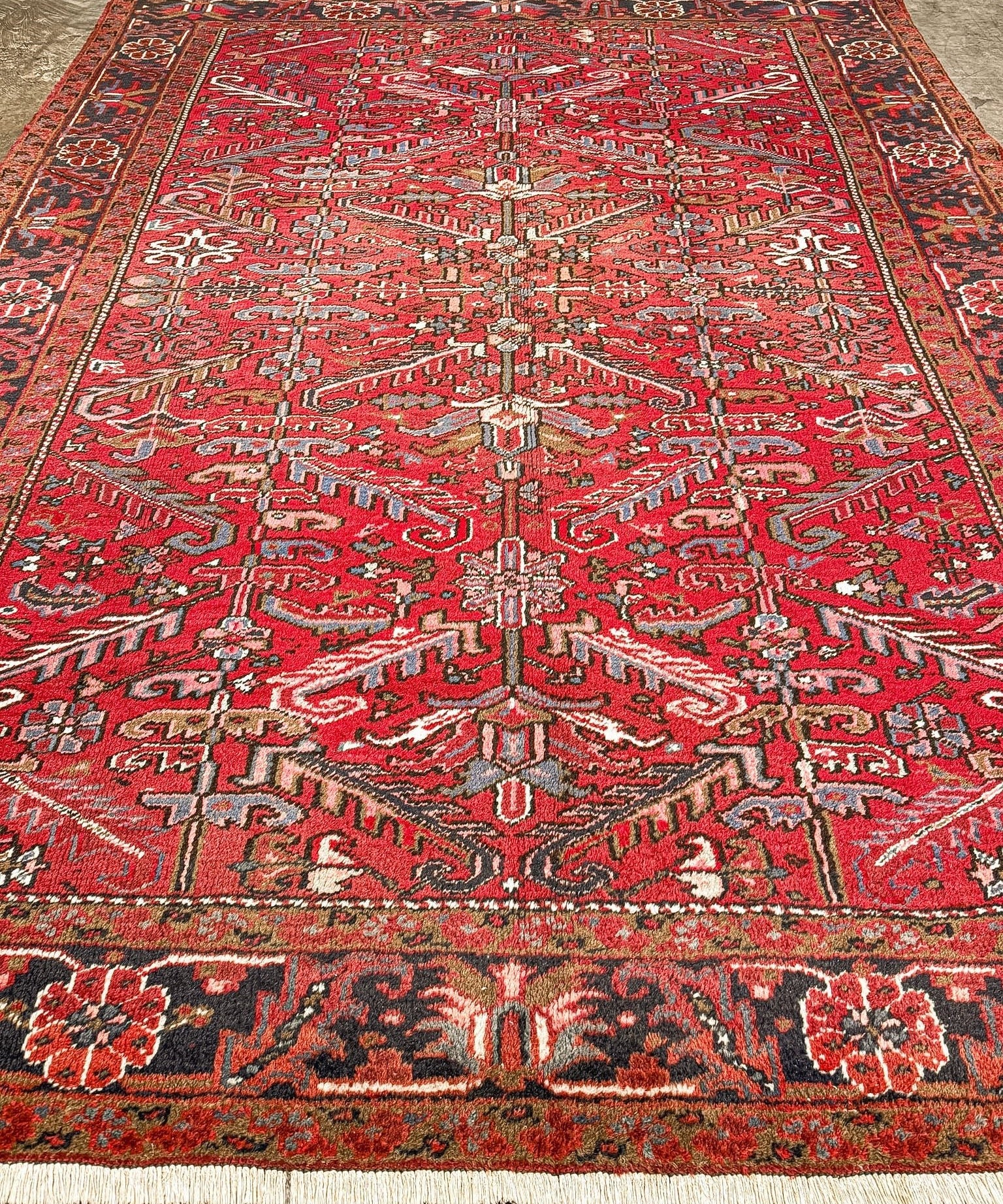 Red Persian-style Heriz rug with central medallion, ornate geometric pattern and fringed edges