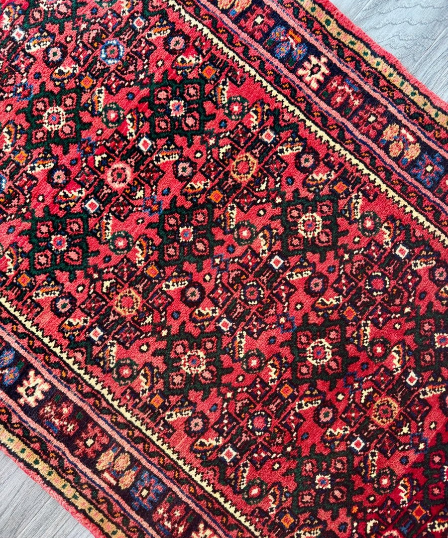 Hossein Abad Persian runner rug close-up: red pattern with navy and cream trim