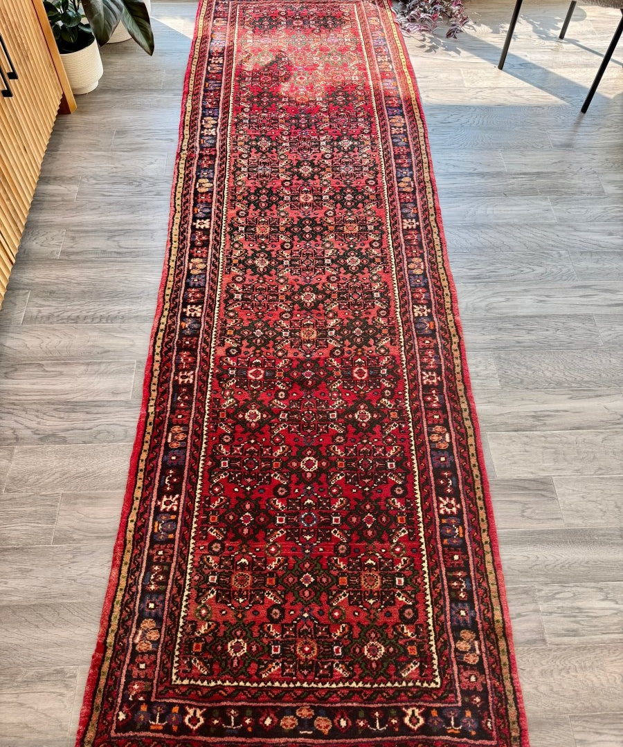 Hossein Abad Persian runner rug, long rectangle, red center with detailed border pattern