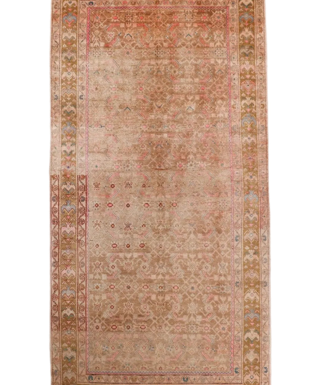 Rectangular Persian Hosseinabad rug, light beige with ornate red border and central motifs.