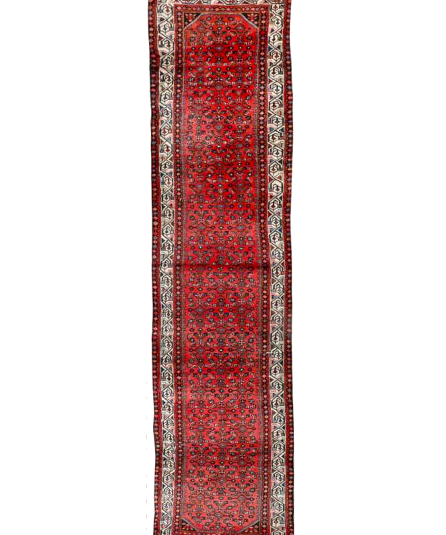 Red Persian-style runner rug with medallion motif and cream geometric border.