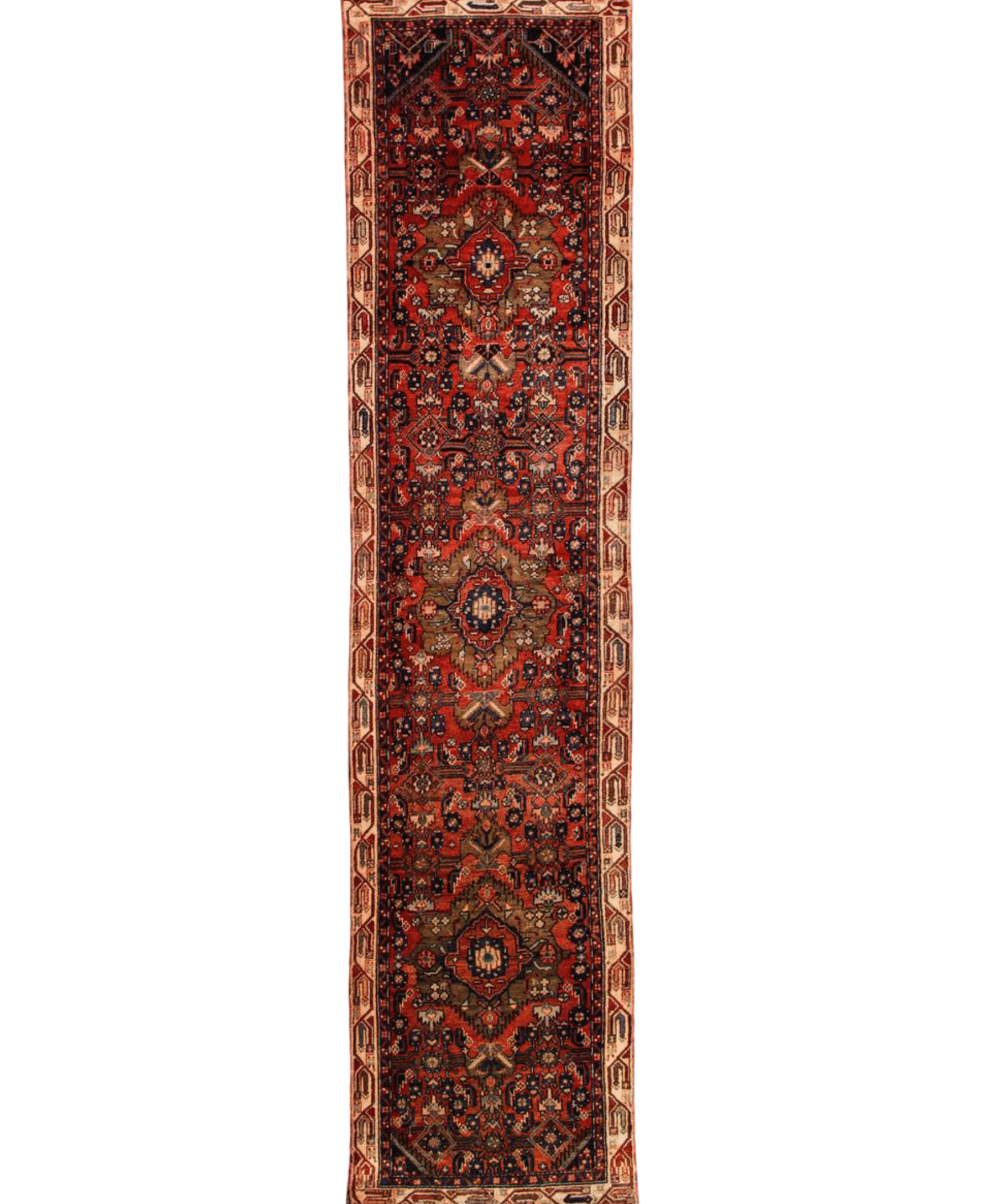 Persian runner rug with dark red medallion center and navy, cream geometric borders
