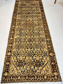 Persian runner rug, beige with blue medallions and dark geometric border