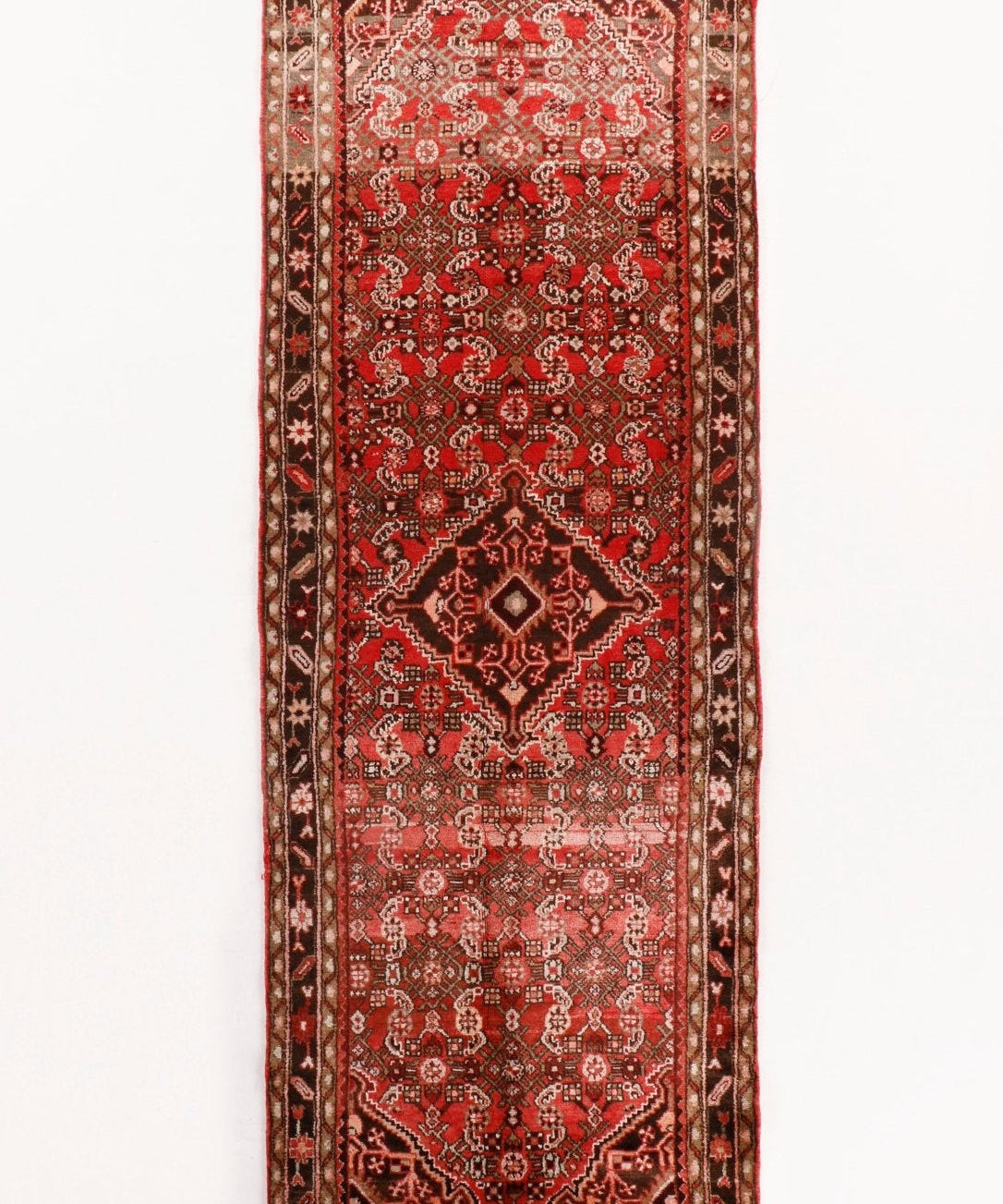 Runner rug with red center medallion and dark ornamental border