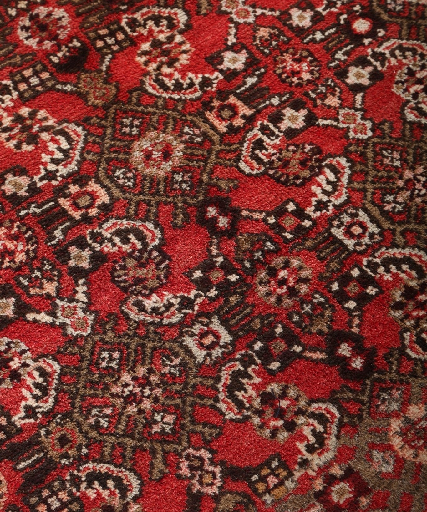 Close-up runner rug with dense red and black geometric floral motifs