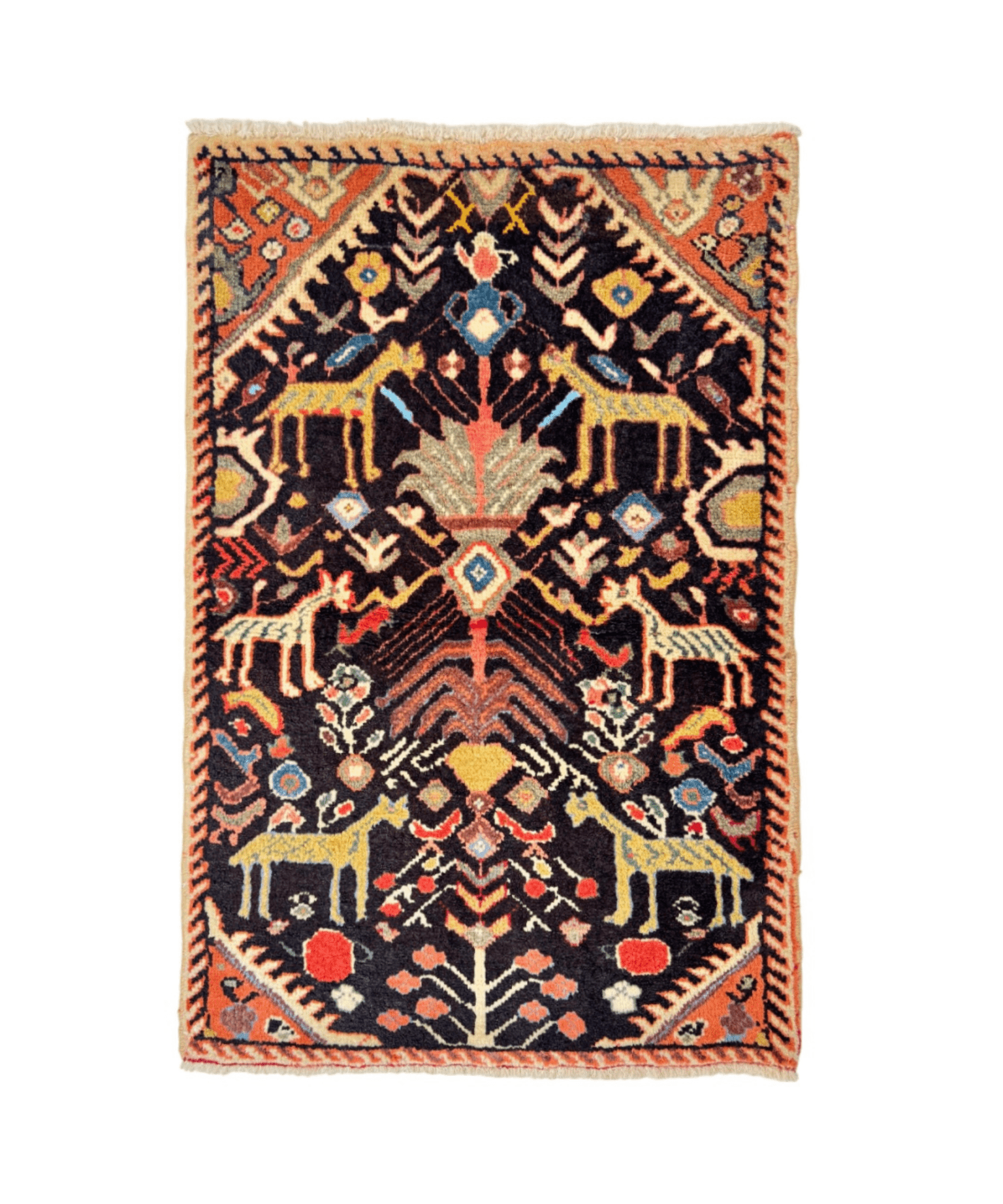 Rectangular Persian-style rug with orange ground and black geometric medallion, bordered