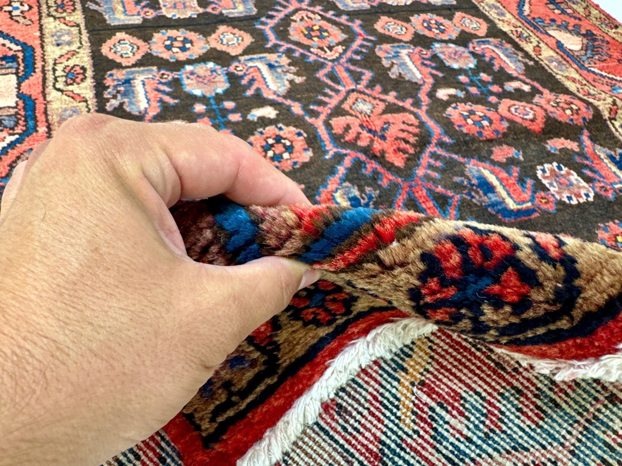 Hand-knotted Persian-style rug with dark navy, red, and floral medallion pattern