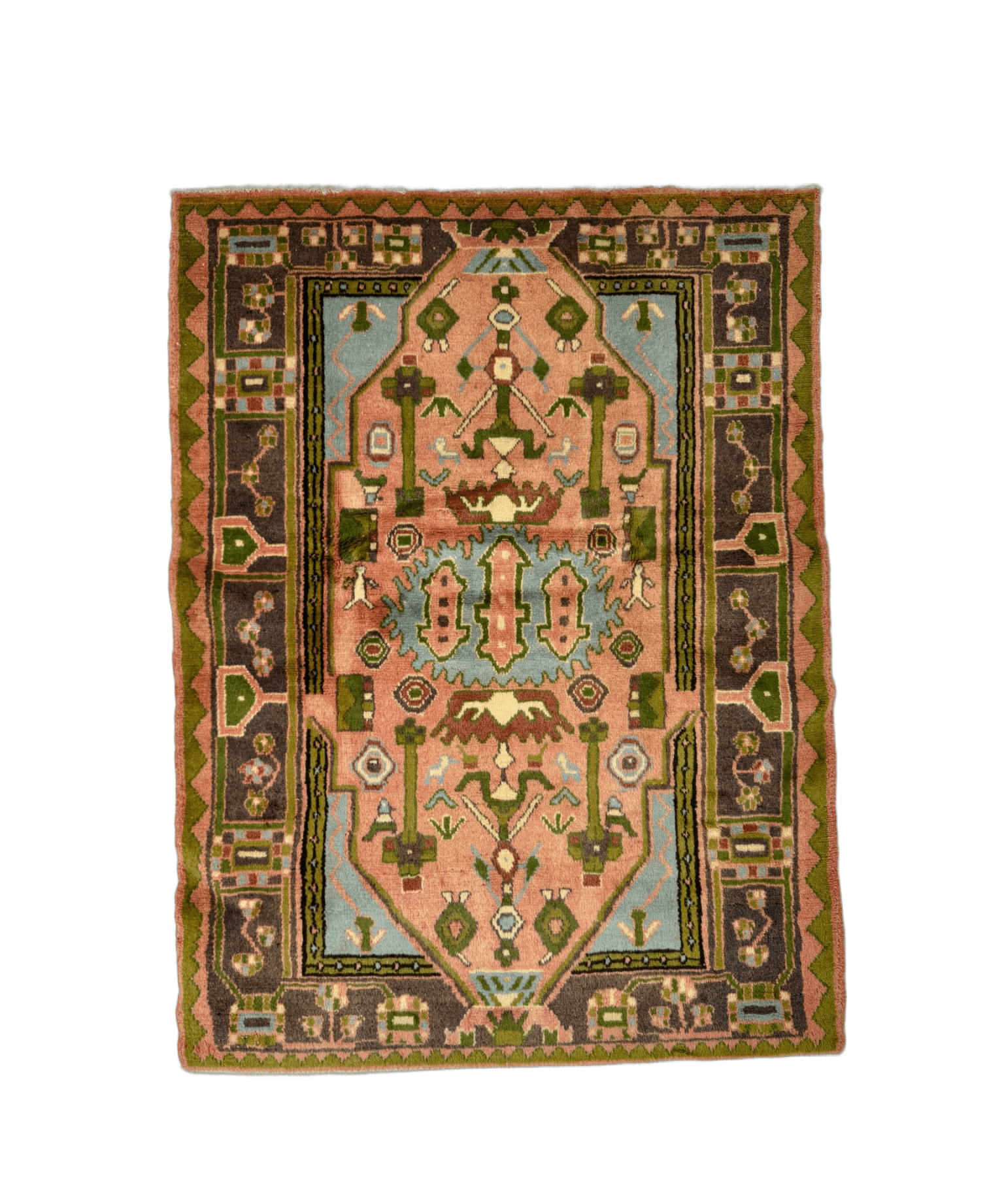 Persian Jozan rug with ornate geometric medallion, red, green, and gold border.