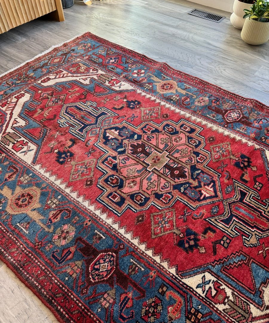Persian Jozan rug in red with blue and cream diamond motifs, flatweave design
