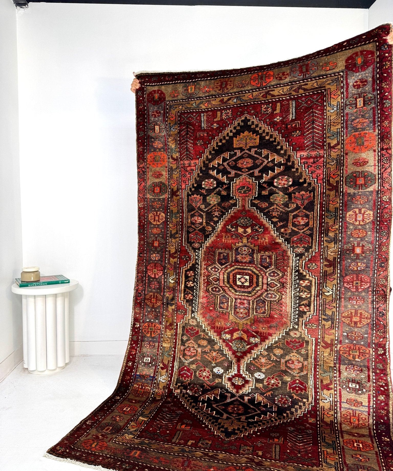 Persian Zanjan rug with red field, dark geometric medallion and ornate border pattern