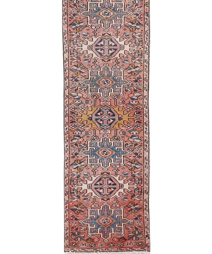 Persian-style runner rug with terracotta field, blue geometric medallions, border