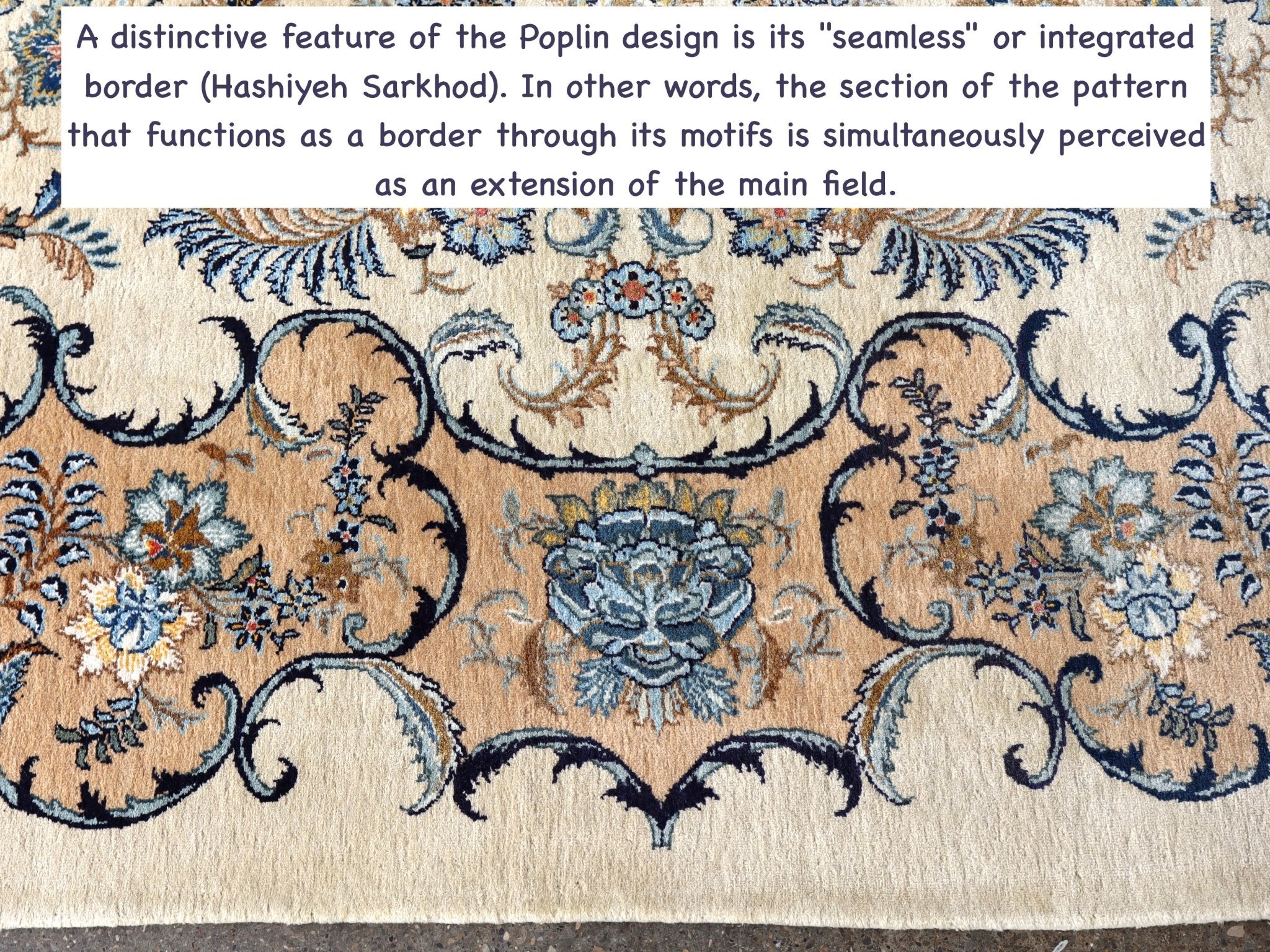 Persian Kashan rug border with ornate navy swirls on beige ground and blue floral details