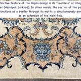 Persian Kashan rug border with ornate navy swirls on beige ground and blue floral details