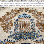Persian Kashan rug close-up of blue and tan arch medallion with brown floral ornaments