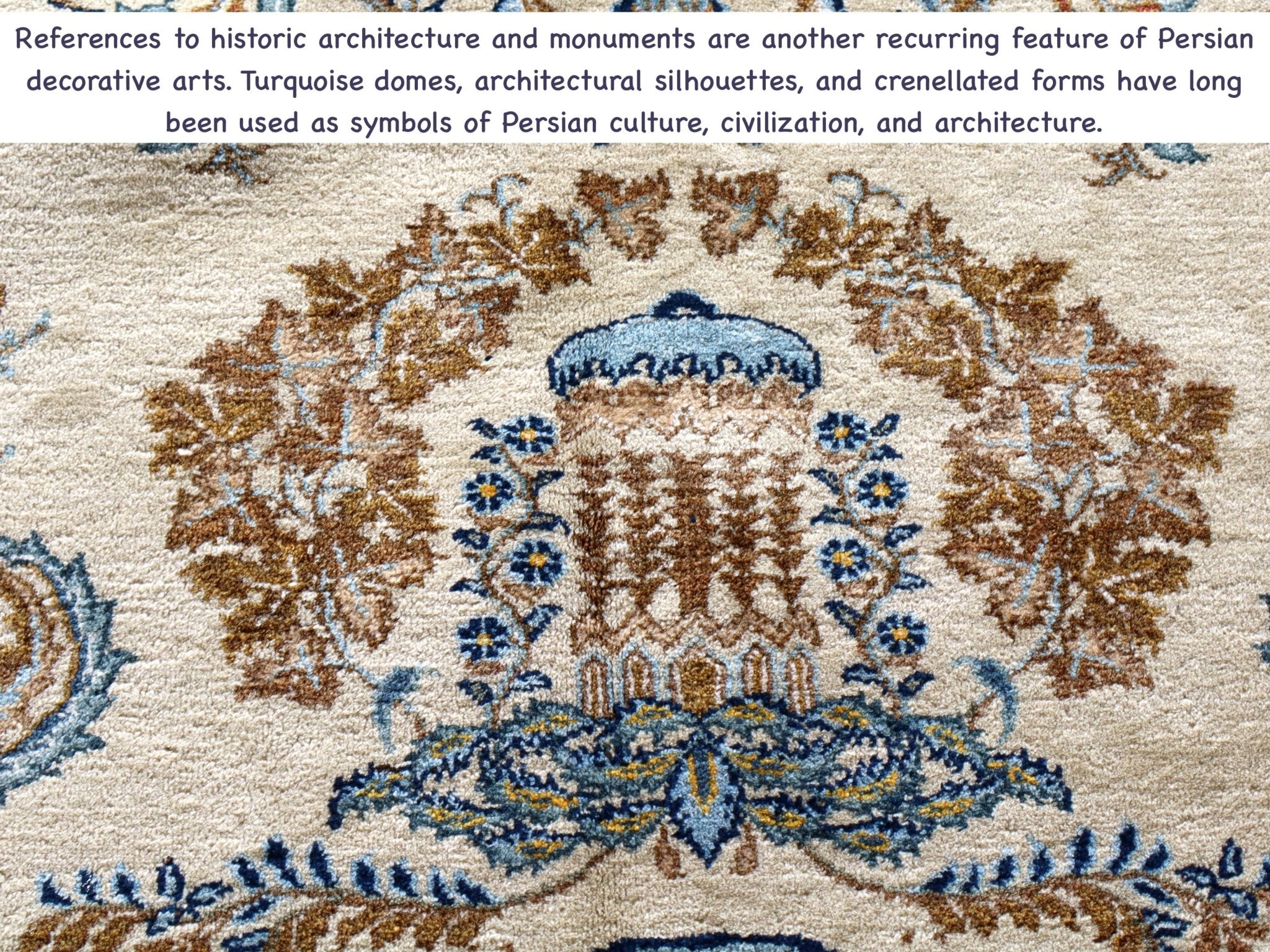 Persian Kashan rug close-up of blue and tan arch medallion with brown floral ornaments