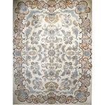 Persian Kashan rug full view with ornate border and scrolling motifs on light background