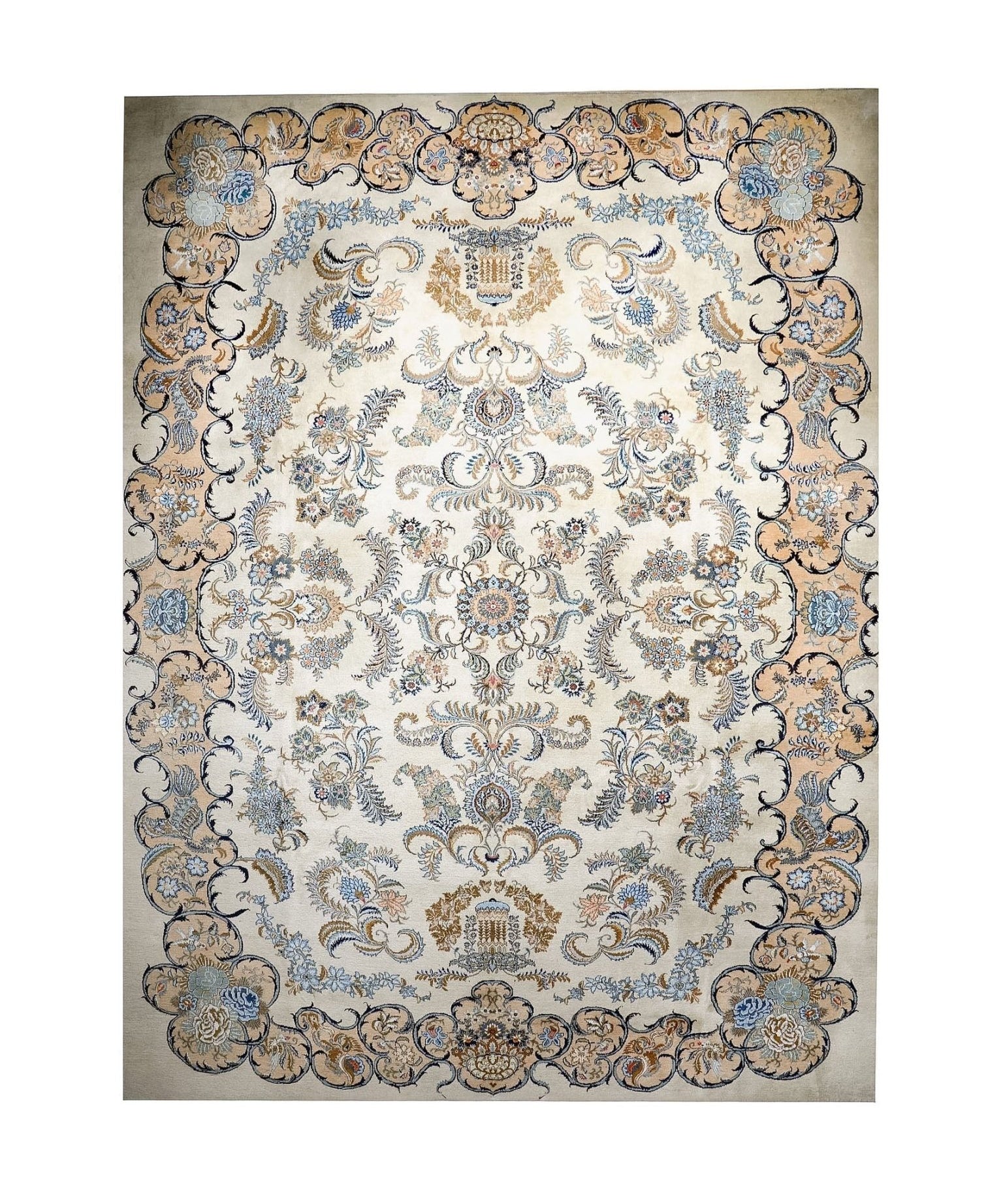 Persian Kashan rug full view with ornate border and scrolling motifs on light background