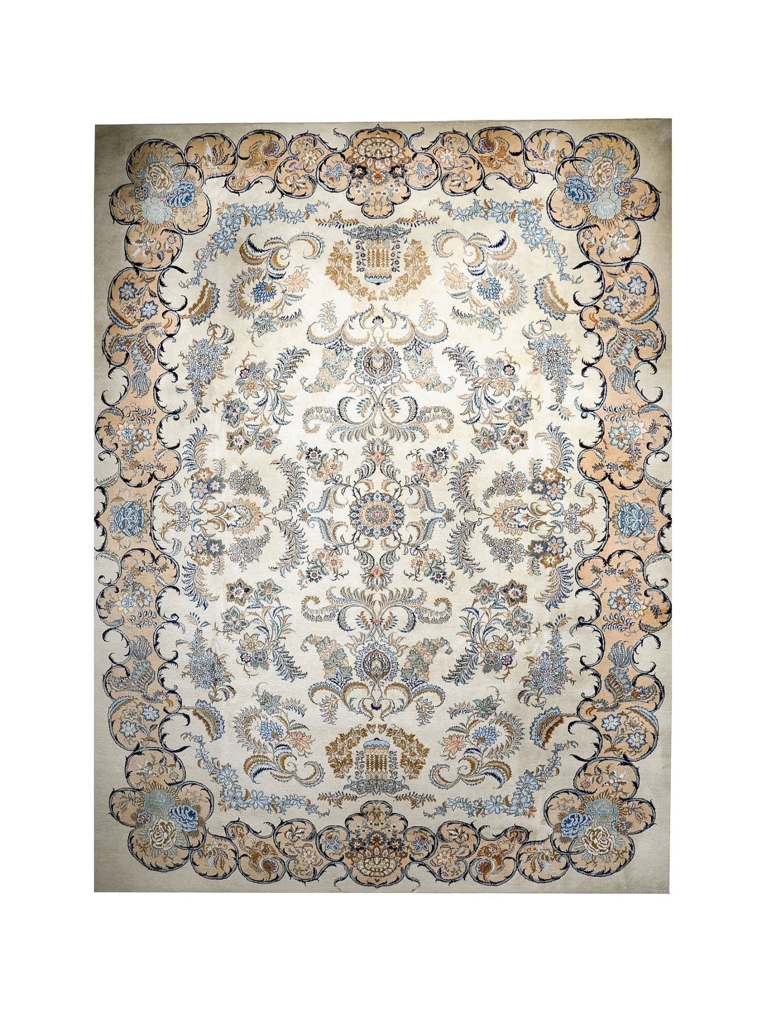 Persian Kashan rug full view with ornate border and scrolling motifs on light background