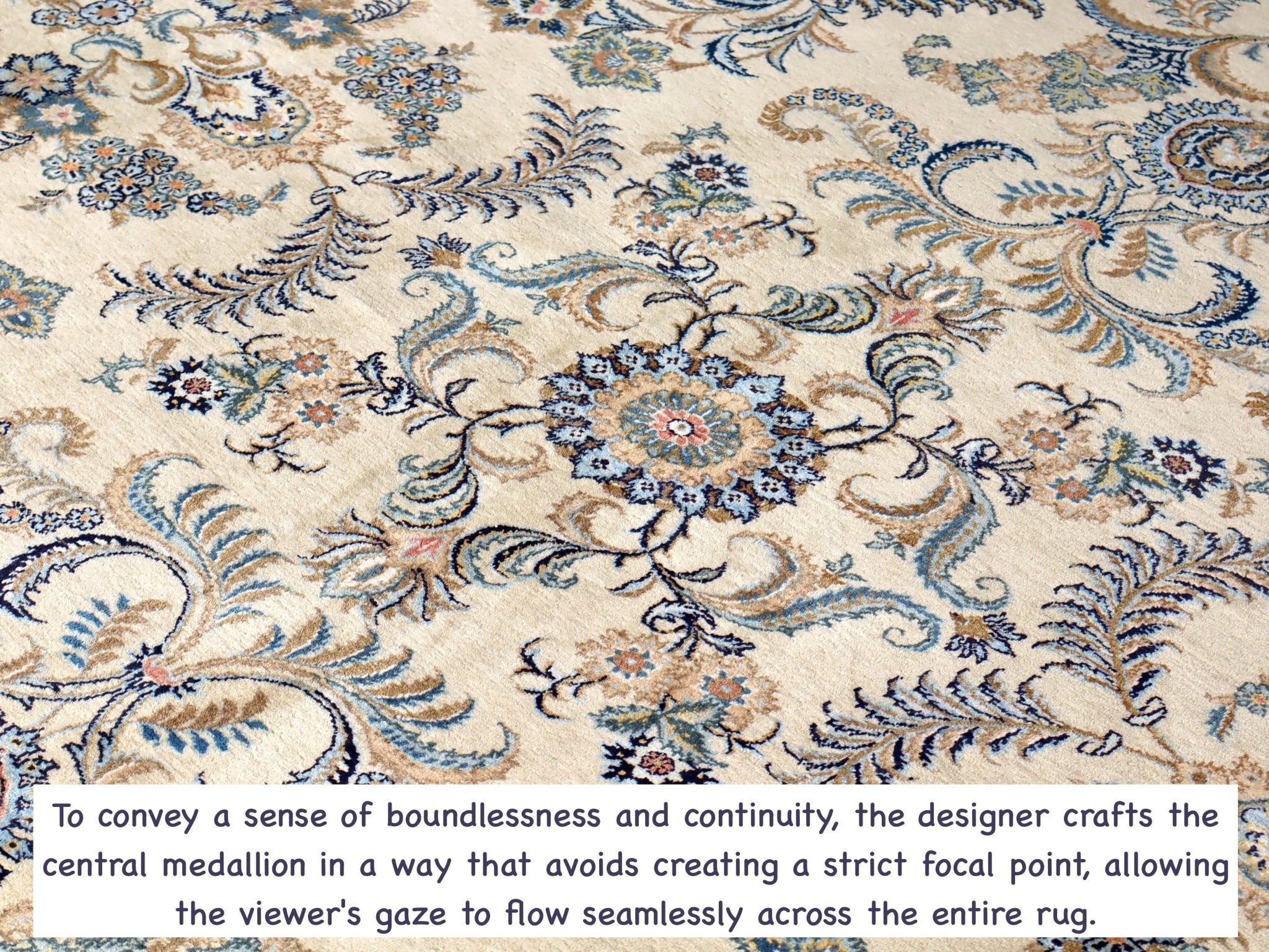 Persian Kashan rug with cream field and blue scrolling vine motifs with central rosette