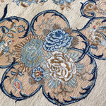 Persian Kashan rug floral vine pattern in cream, navy, and light blue close-up