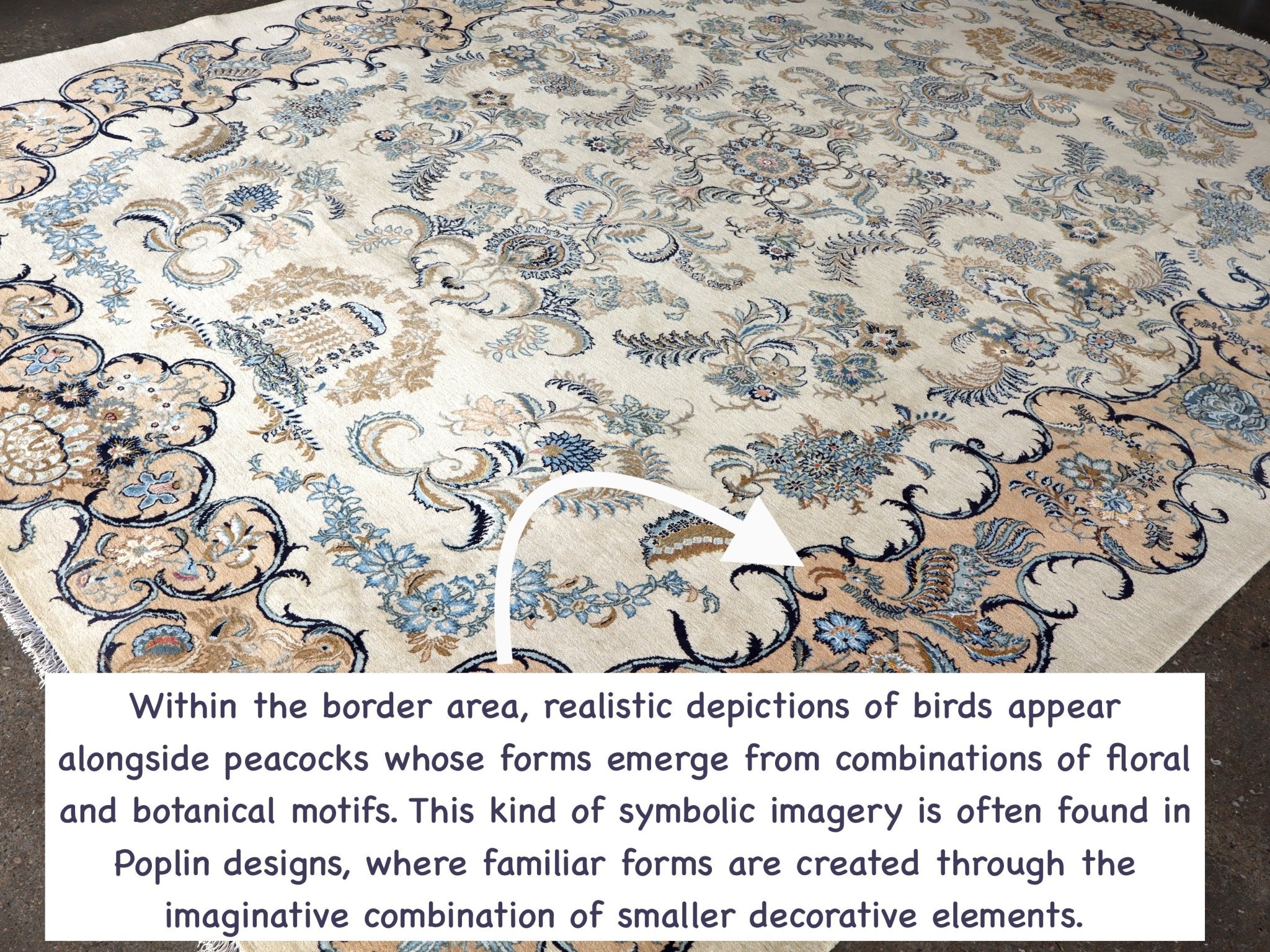 Persian Kashan rug with decorative bird and floral motifs in blue on cream base