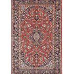 Persian Kashan rug full view: red field with blue and cream medallion center