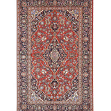 Persian Kashan rug full view: red field with blue and cream medallion center