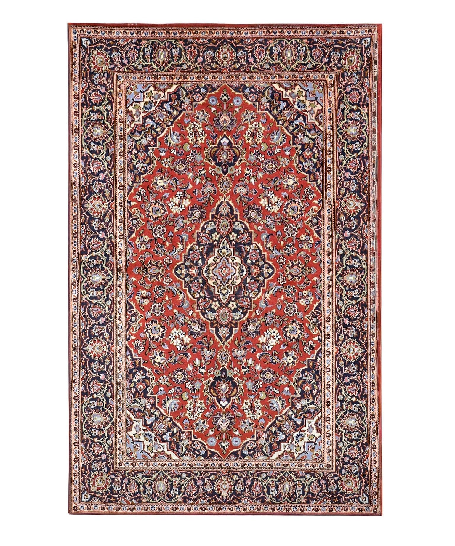 Persian Kashan rug full view: red field with blue and cream medallion center