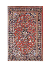 Persian Kashan rug full view: red field with blue and cream medallion center