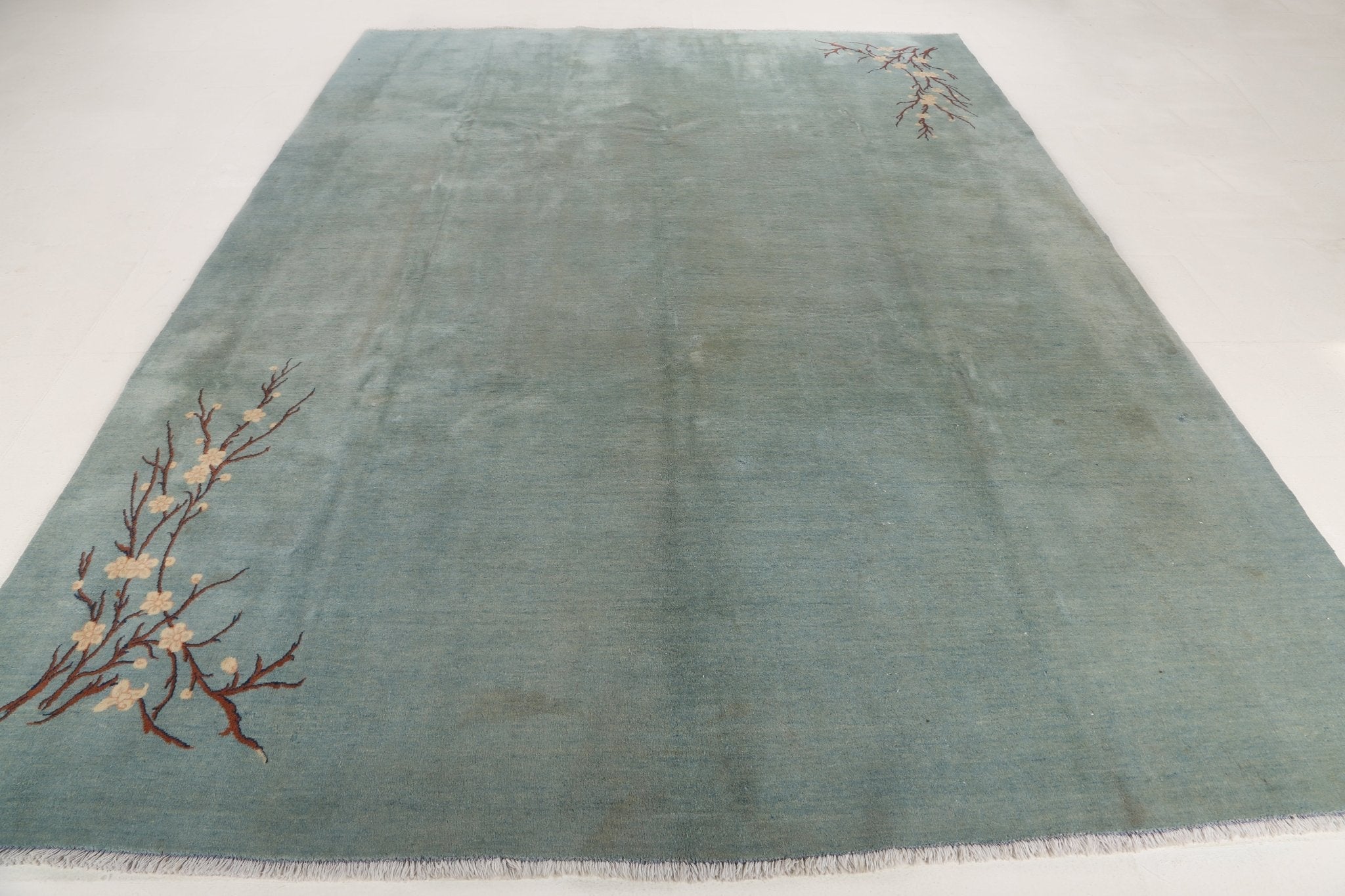 Wide view of light blue rug with large branch-and-flower motif in red-orange, fringes