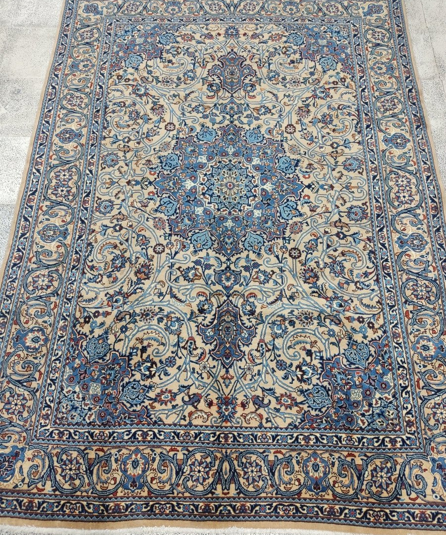 Persian Kashmar rug in blue/cream, floral medallion, 6'8"x9'4"