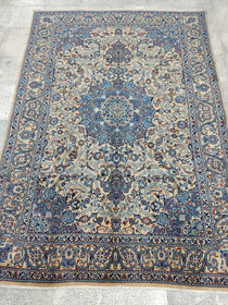 Persian Kashmar rug in blue/cream, floral medallion, 6'8"x9'4"