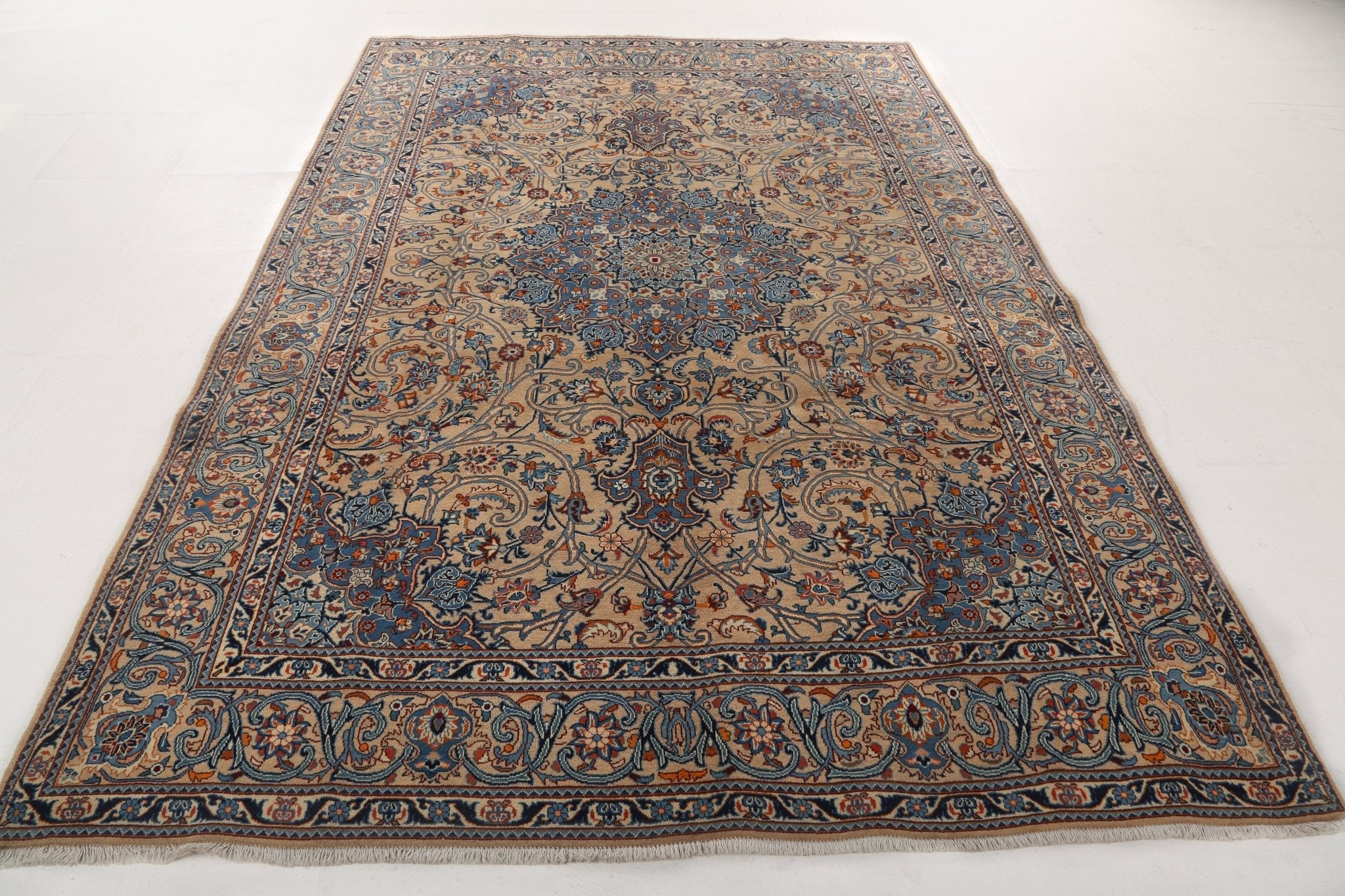 Blue, tan, and rust Persian-style rug with wide decorative border and medallion.