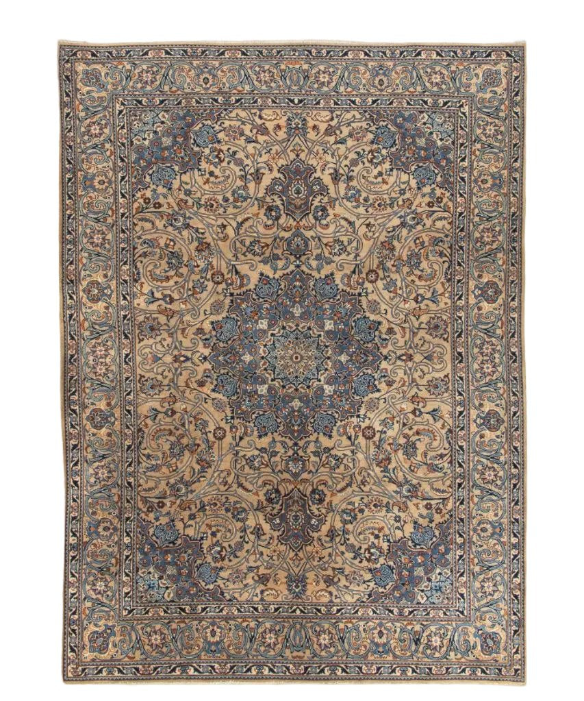 Full Persian-style rug in blue, beige, and orange with ornate central medallion border