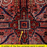 Persian Heriz-style rug close-up of symmetrical central medallion with cross motif