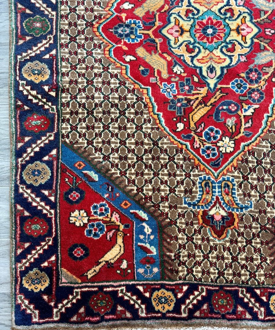 Koliai rug with red, blue, and cream medallion pattern and geometric border.