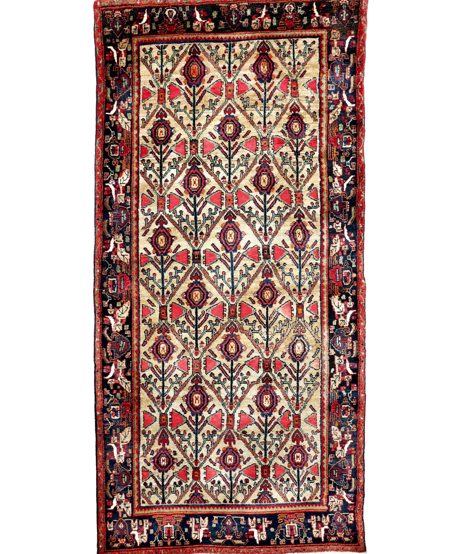Persian Koliai rug with red border, cream field, and diamond medallion pattern