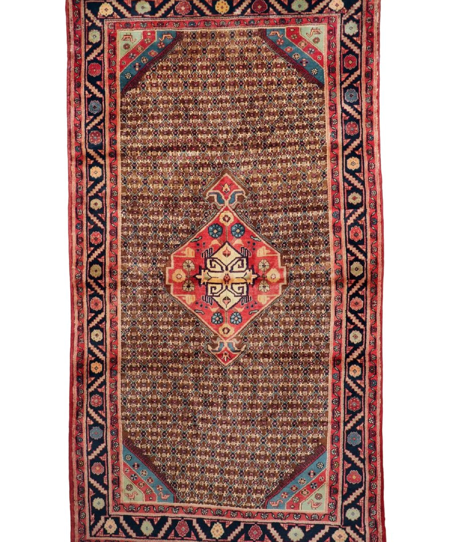 Persian Koliai rug with central red diamond medallion and ornate dark border