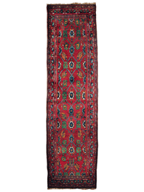 Rectangular red runner rug with teal and green medallion pattern and dark blue border