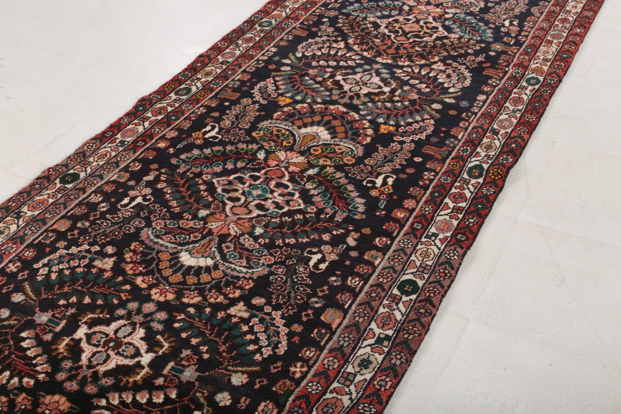 Runner rug corner view with dark field and patterned red border trim