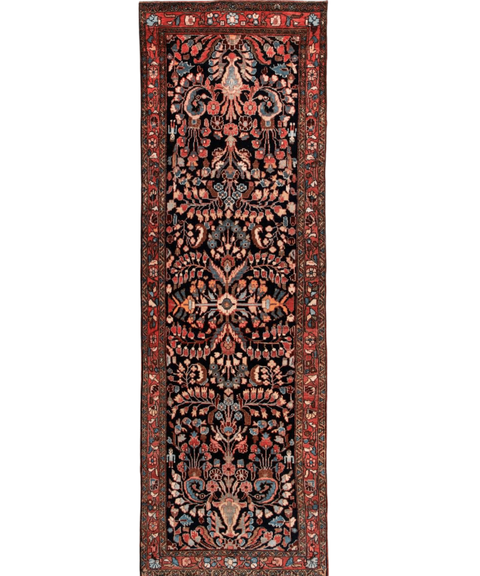Persian Lilihan runner rug, dark navy base with red border and ornate floral medallions