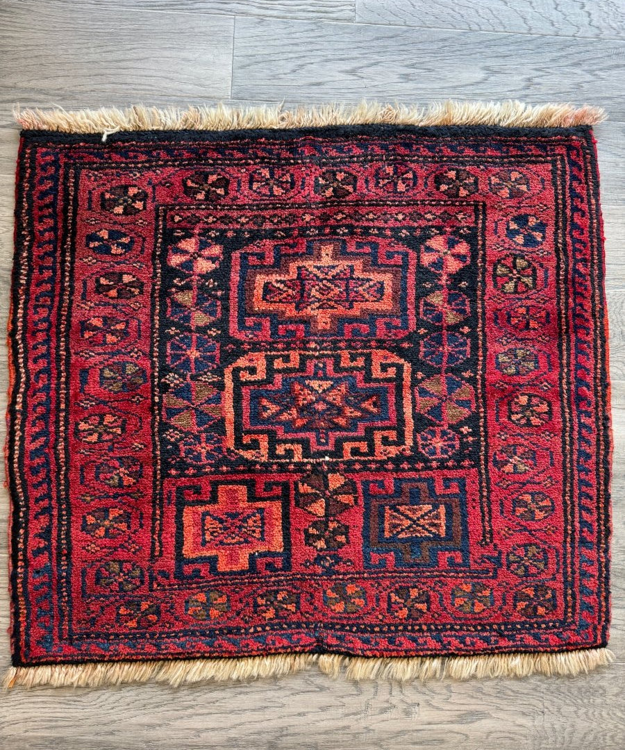 Red Lori rug with navy border, central square medallion, and short fringe