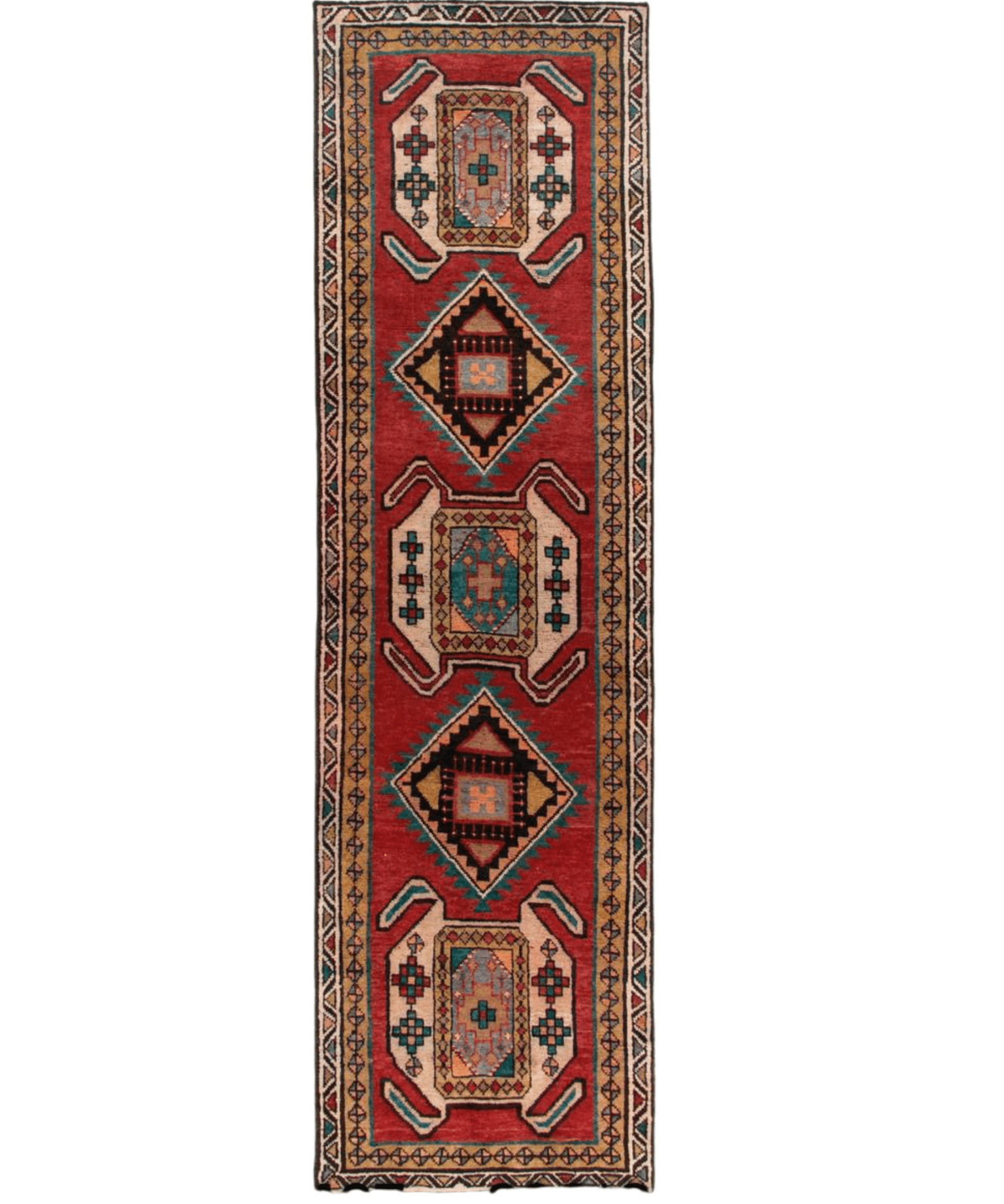 Persian Luri runner rug with central medallion and stacked diamonds on red ground