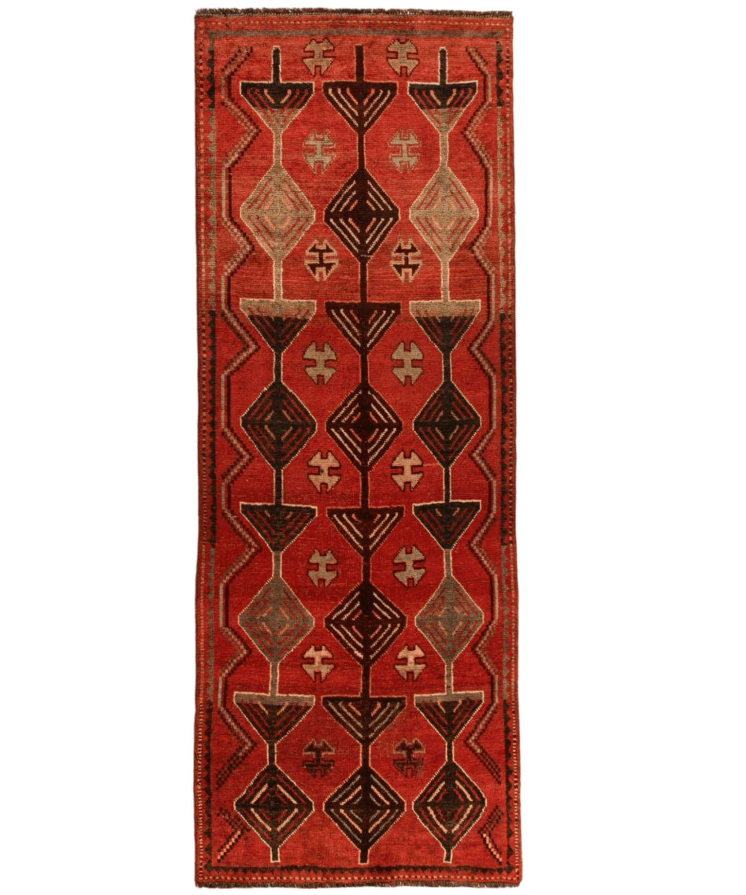 Red Persian-style runner rug with geometric medallion pattern and dark border.
