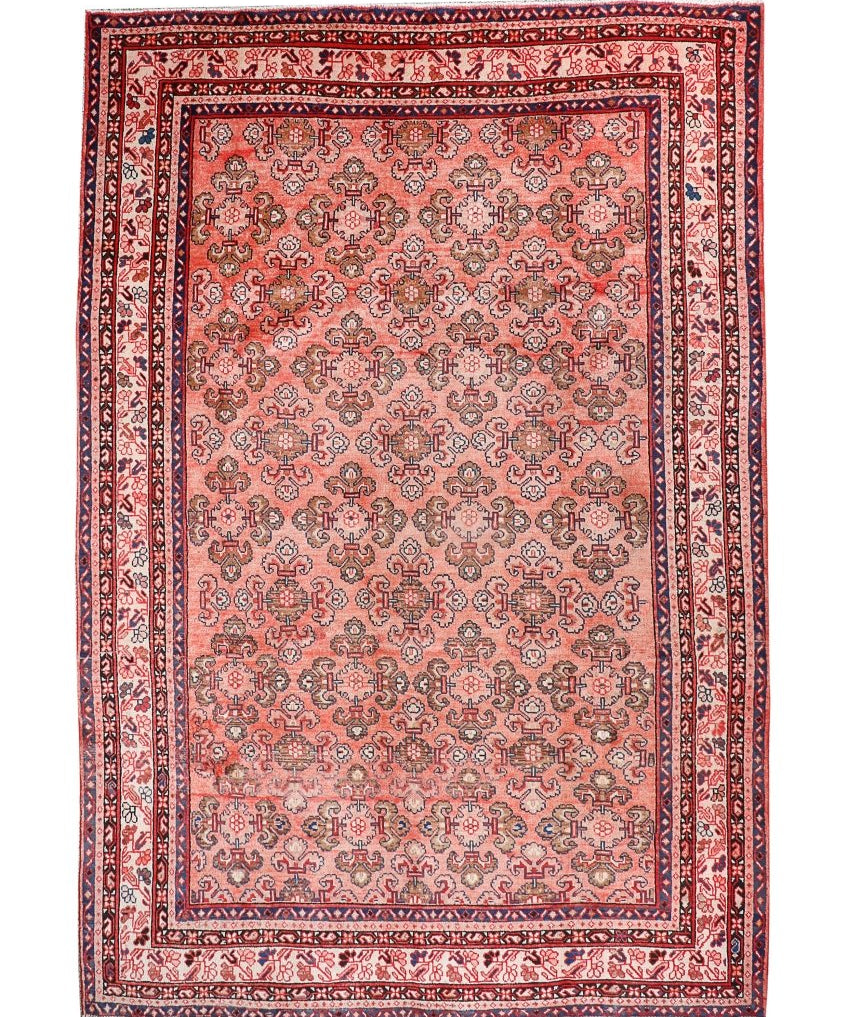Square Persian Mahal rug shown front-on with rust-red design and double border